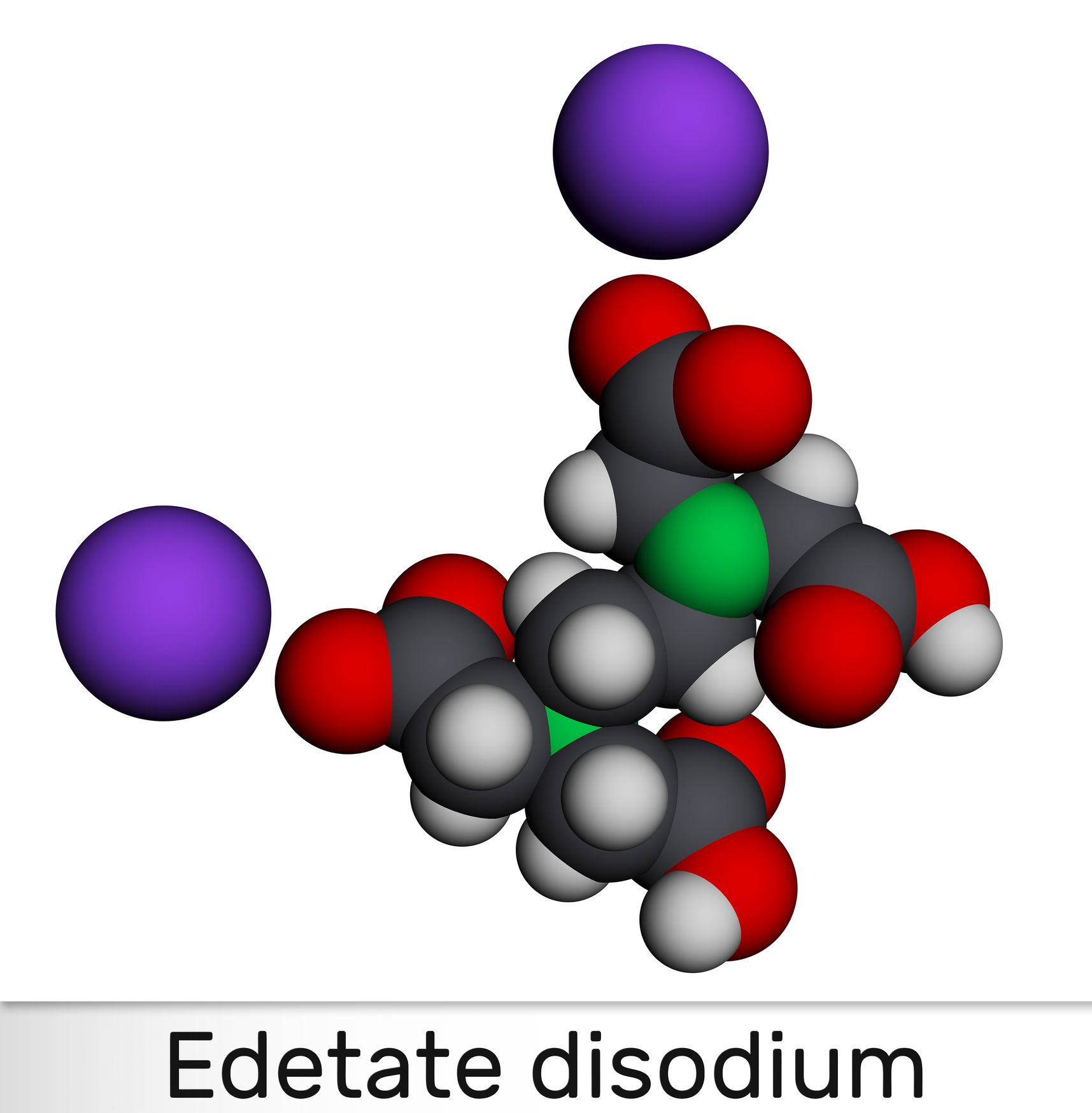 Disodium EDTA, edetate disodium,  disodium edetate,  molecule. It is diamine, is polyvalent chelating agent used to treat hypercalcemia. Molecular model. 3D rendering. 3D illustration