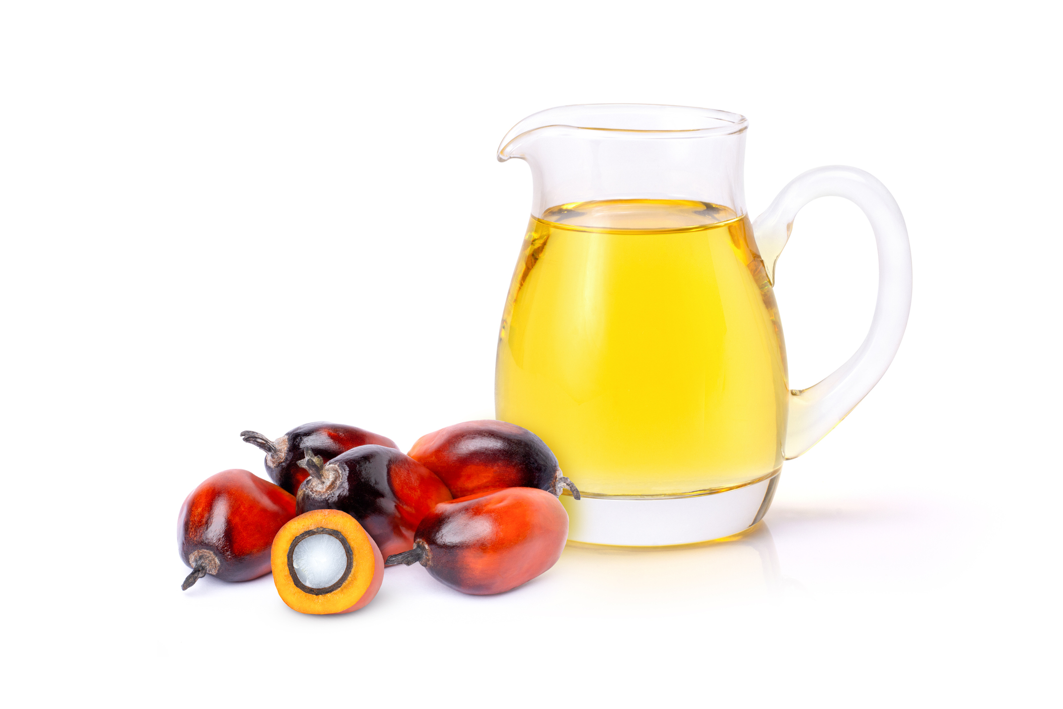 Palm oil in glass bottle and fresh palm fruit solated on white background.